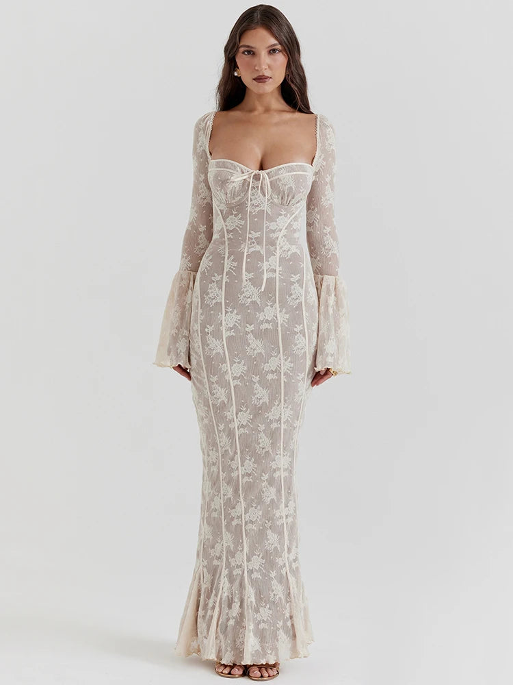 chinese dress ladies Aurelie Long Sleeve Lace Maxi Dress - Ivory